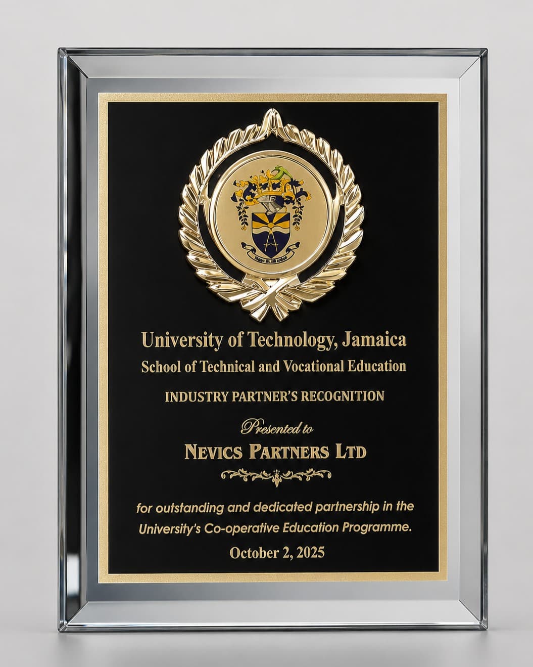 University of Technology, Jamaica — Industry Partner's Recognition award, presented to Nevics Partners Ltd